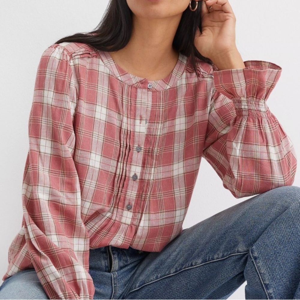 Plaid Pleated Henley Blouse Withered Rose Size Small